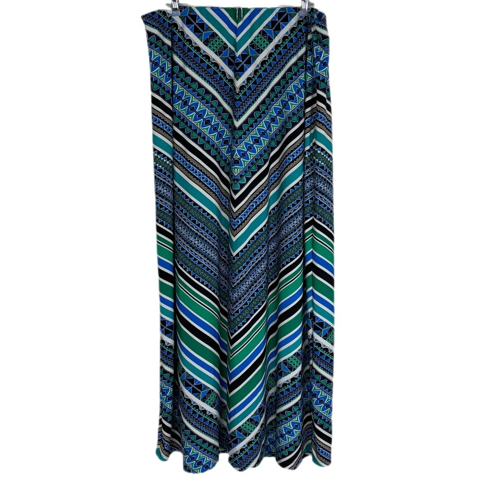 ECI NY Long Maxi Skirt Chevron Pattern Blue Green White Size XL